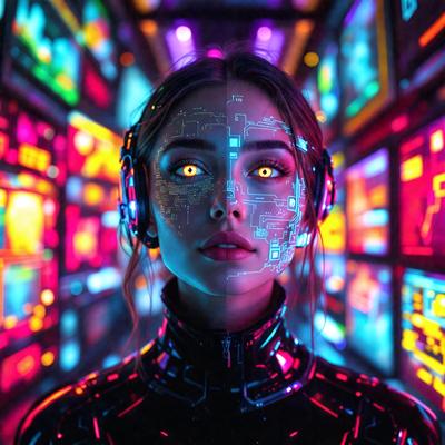 The primary subject of the image is a woman wearing a futuristic outfit, which includes a black and silver bodysuit. She is wearing headphones and has a unique, glowing eye. The setting is a colorful, neon-lit environment, which adds to the futuristic and vibrant atmosphere of the scene. The visual style of the image is a combination of digital art and illustration, creating a striking and eye-catching image. The colors and mood of the image are pre